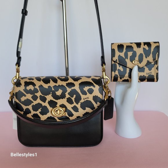 COACH Cassie 19 Smooth Leather Leopard Print Bag & Matching Wyn Small Wallet SET - Picture 5 of 16